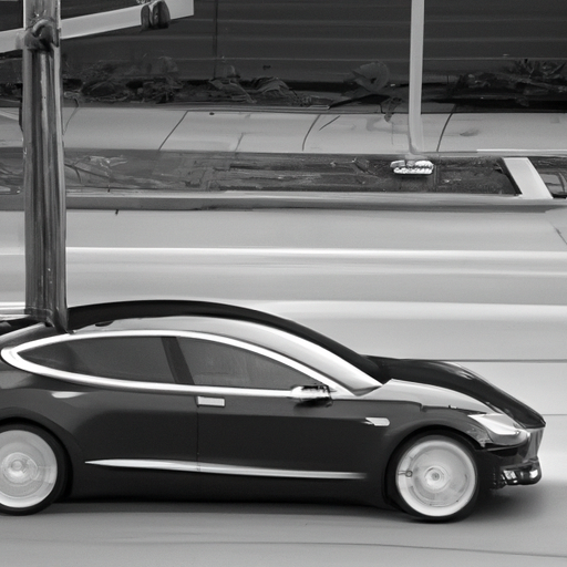 A black and white photo of a Tesla electric car driving down a city street, symbolizing the revolutionary impact of the company on the automotive industry.